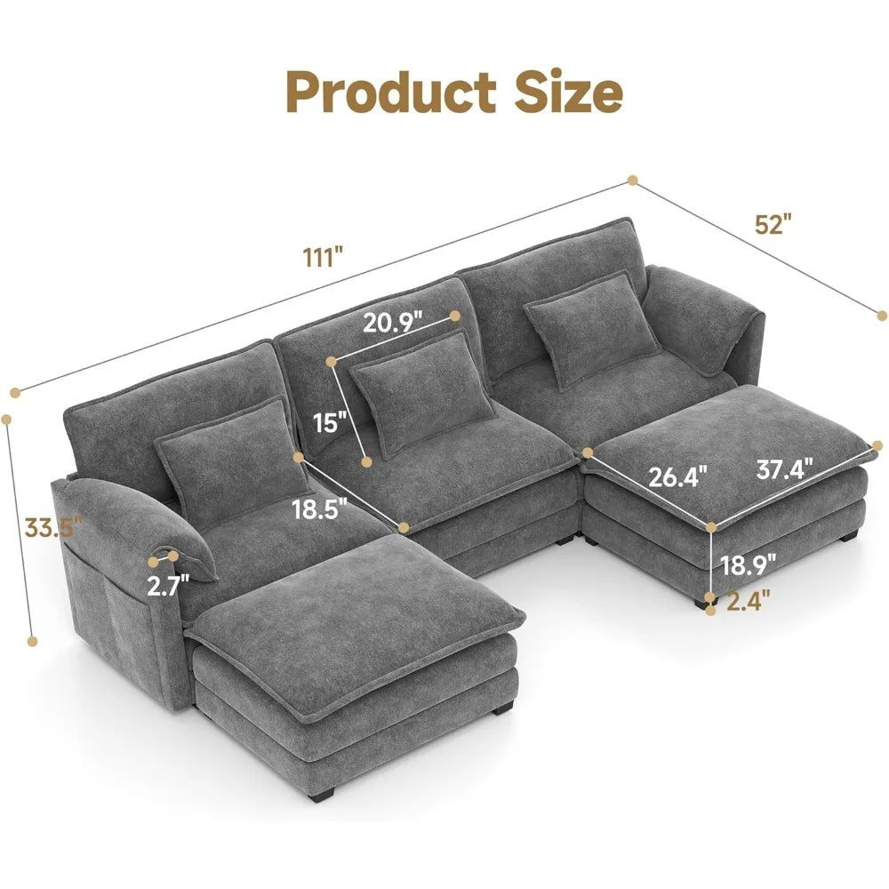 Modular Sectional Sofa Convertible Couch with Movable Ottoman,6 Pillows and 2 Armrest Pillows Ohberri