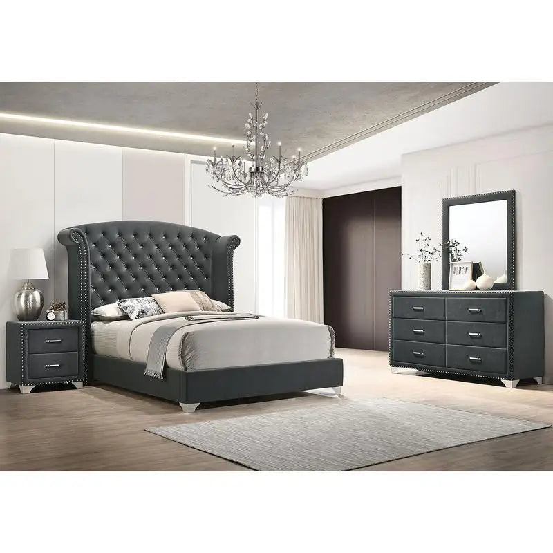4-Piece Queen Bed Set in Grey Finish with Nightstands and Dresser - Ohberri