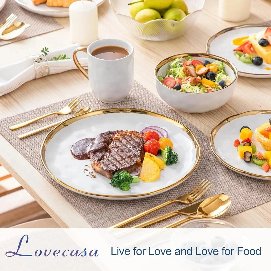 16 Pieces Plates and Bowls Sets Porcelain White and Gold Dinnerware Sets Ohberri