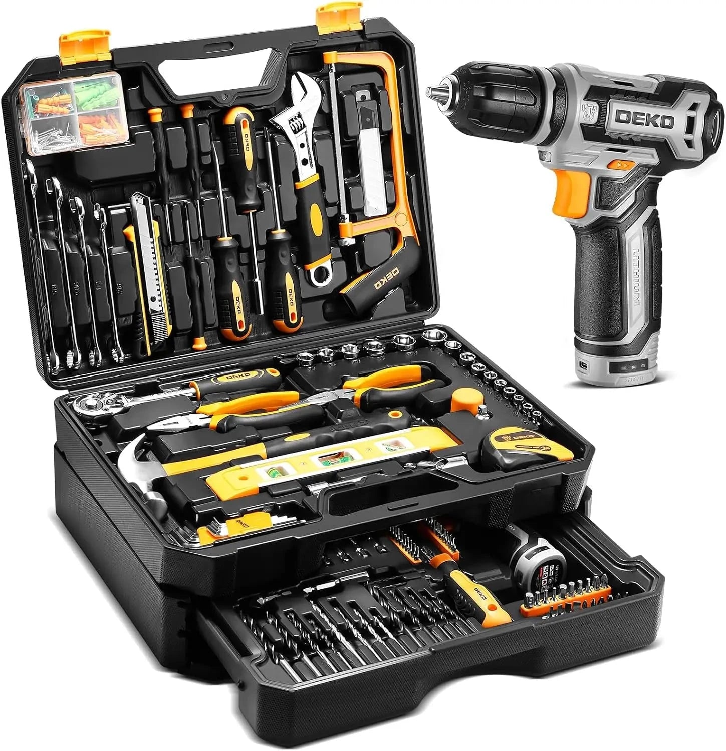 DEKO Mechanic Toolbox with 12V Power Cordless Drill Hand Repair Tools Sets Ohberri