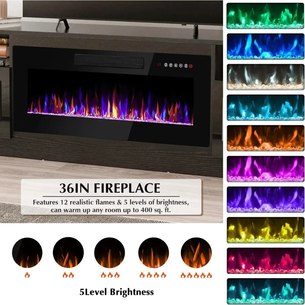 Fireplace tv Stand with 36 inch Fireplace Up to 80" TVs,LED Light 70" Modern Wood Ohberri