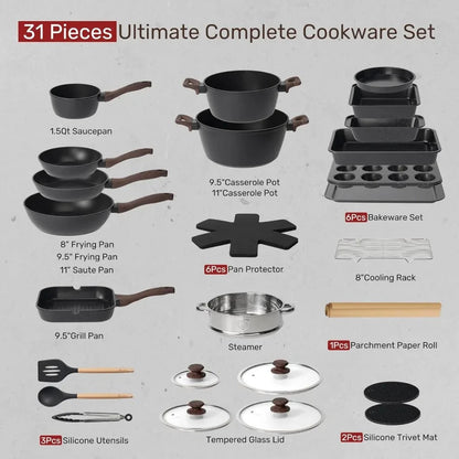 31 Piece Nonstick Cooking Sets with Baking Sheet & Utensil Ohberri
