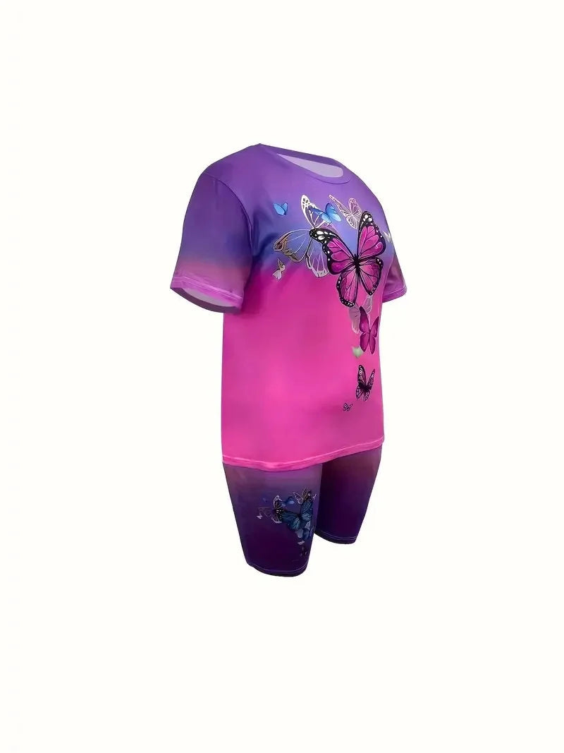 Women's Gradient Color Suit Butterfly Pattern Round Neck Short Sleeve Ohberri