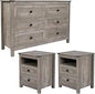 Farmhouse Bedroom Set, 3 Pieces Rustic Wood 6 Drawer Dresser and Nightstands - Ohberri
