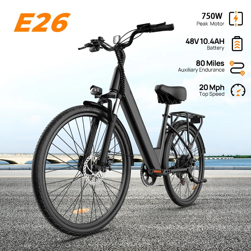 Peak 750W E26 Electric Bike 26x2" Commuter Tires 48V 10.4Ah 20MPH Speed 7-Speeds LCD Display - Ohberri