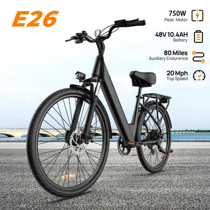 Peak 750W E26 Electric Bike 26x2" Commuter Tires 48V 10.4Ah 20MPH Speed 7-Speeds LCD Display - Ohberri