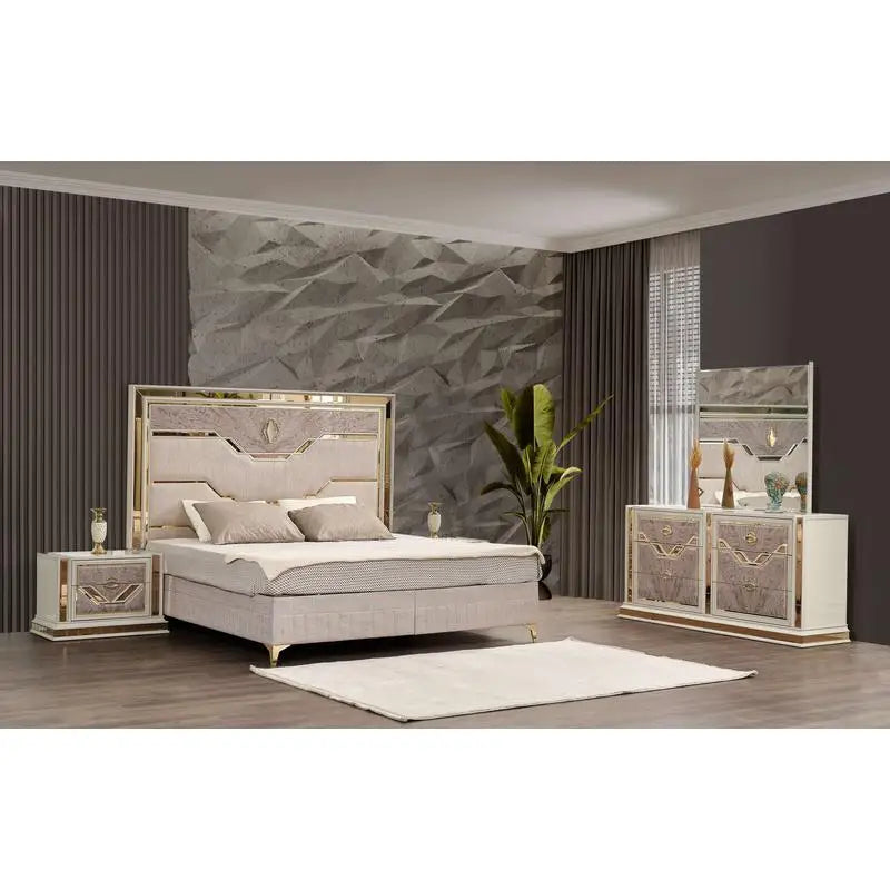 Modern Style 4-Piece Queen Upholstered Bedroom Set with Wood and Gold Accents in Beige - Ohberri