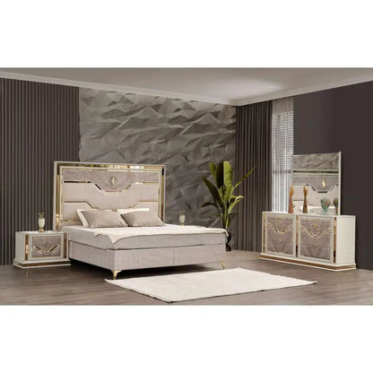 Modern Style 4-Piece Queen Upholstered Bedroom Set with Wood and Gold Accents in Beige - Ohberri