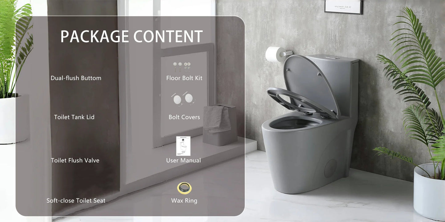 Dual-Flush One Piece Toilet, Water-Saving Elongated Ohberri