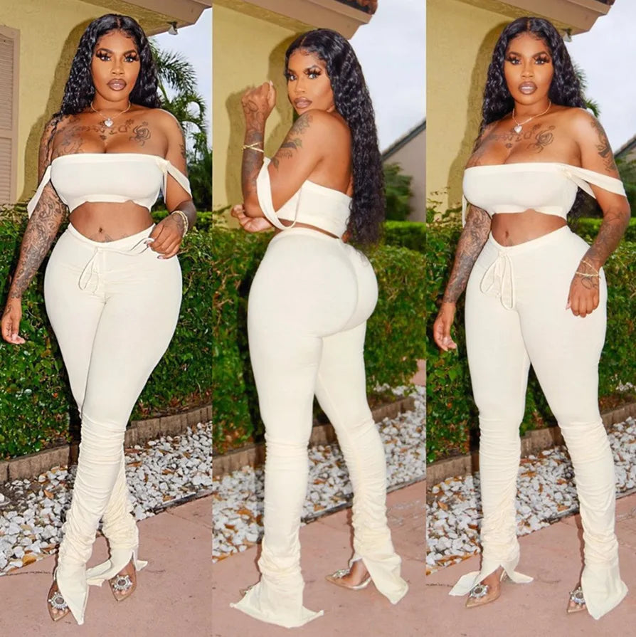 2 Piece Set Skinny Elastic Strapless Tops and Fold Slit Thin Pants Ohberri