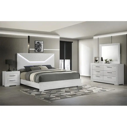 Modern 4-Pc King Bedroom Set with LED Headboard- White - Ohberri