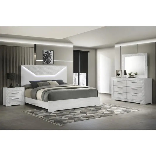 Modern 4-Pc King Bedroom Set with LED Headboard- White - Ohberri