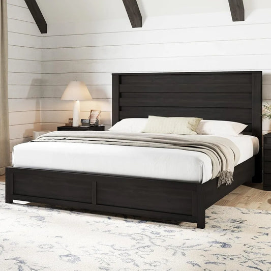 Farmhouse King Size Bed Frame with 49" Fluted Headboard, Wood Platform Bed - Ohberri