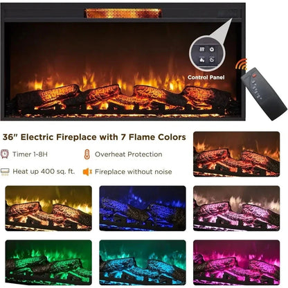 TV Stand for 80 Inch TV, Mid Century Modern with 36" Electric Fireplace & Led Lights Ohberri