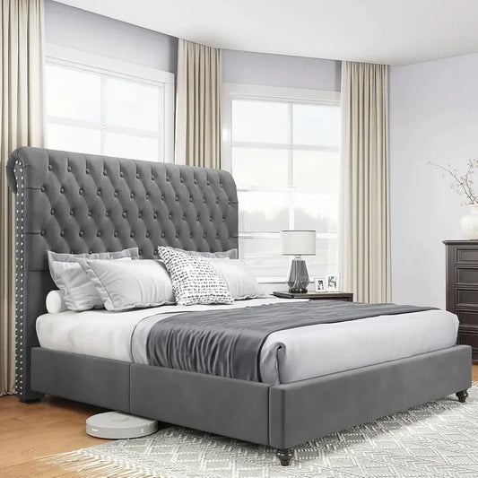 King Size Bed Frame with Velvet Tall Sleigh Headboard, 52.8" Button-Tufted Design, Elegant and Stylish - Ohberri