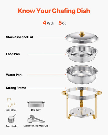 4 Pack Chafing Dish Buffet Set Stainless Steel Chafer w/4 Full Size Pan Round Catering Warmer Ohberri