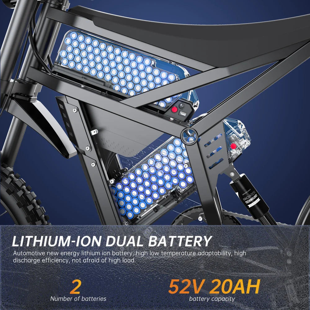 Dual Battery, Peak 2900W 52V, Dual 20Ah, 25inchTires,off-road Mountain E-Bike - Ohberri