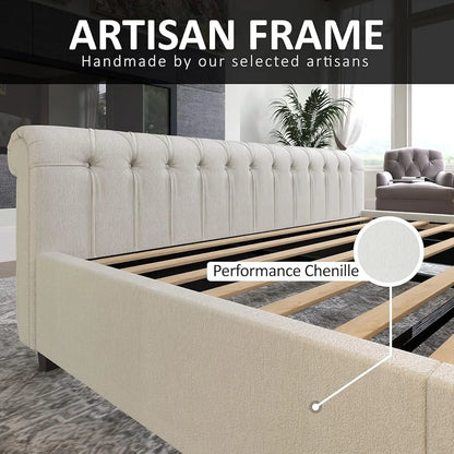 King Size Upholstered Sleigh Bed Craftsmanship Button Tufted Wingback Headboard - Ohberri