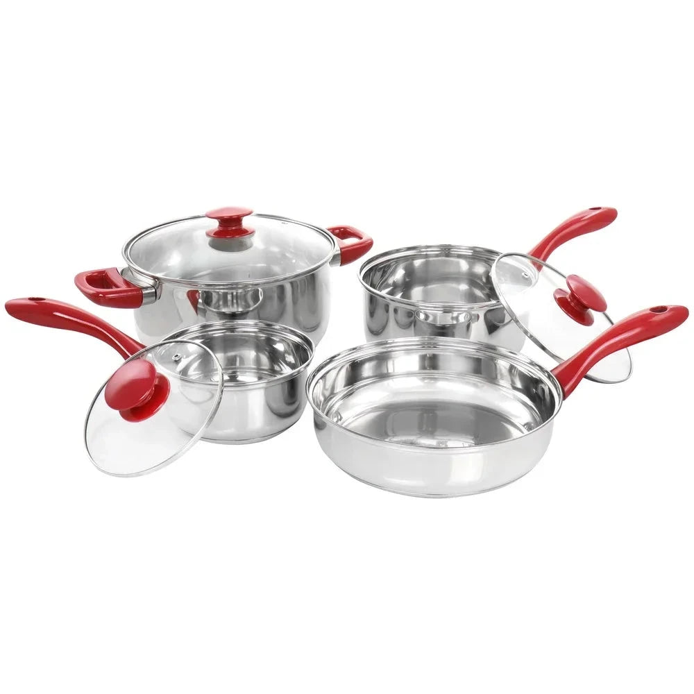 7 Piece Stainless Steel Cookware Set Chrome Red Handles Ohberri