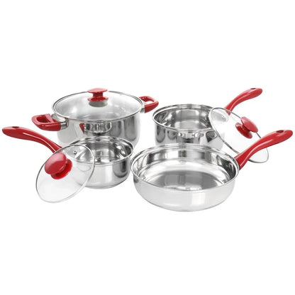 7 Piece Stainless Steel Cookware Set Chrome Red Handles Ohberri