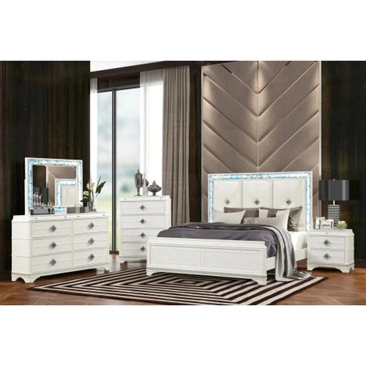 5 Pc King Upholstered Bedroom Set with Wood and Crystal Accents in White - Ohberri