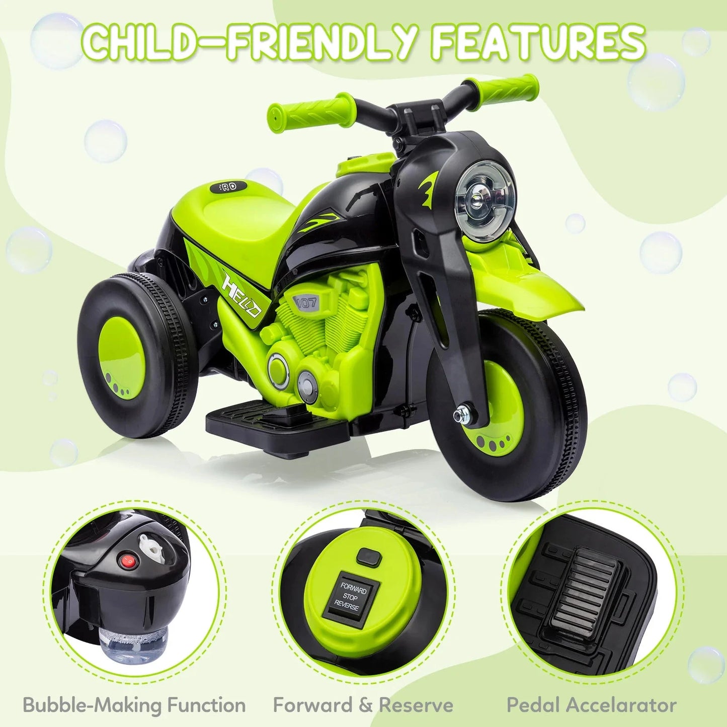 Motorcycle, 6V Battery Powered Electric Motorbike With LED Headlights Ohberri