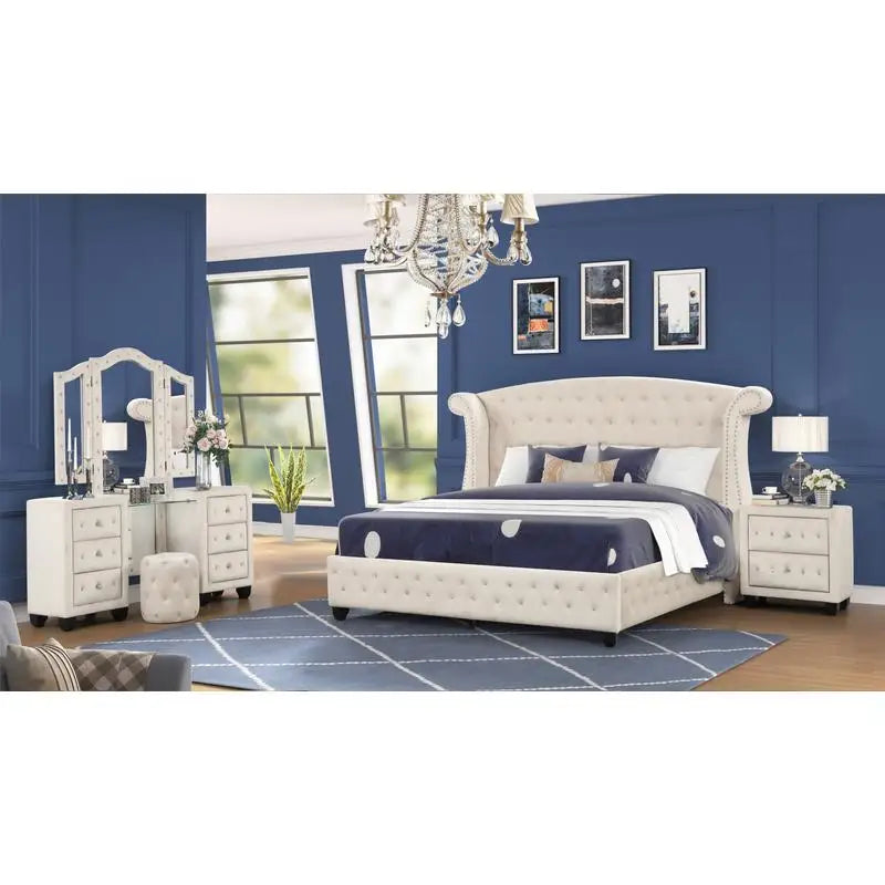 Upholstered Queen 4-Piece Vanity Bedroom Set, Crystal Tufted Design, Wooden Frame - Ohberri