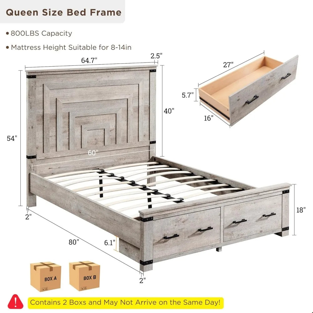 Queen Size Wood Bed Frame with 54" Tall Geometric Headboard, 2 Large Storage Drawers, Solid Wood Slats Support - Ohberri