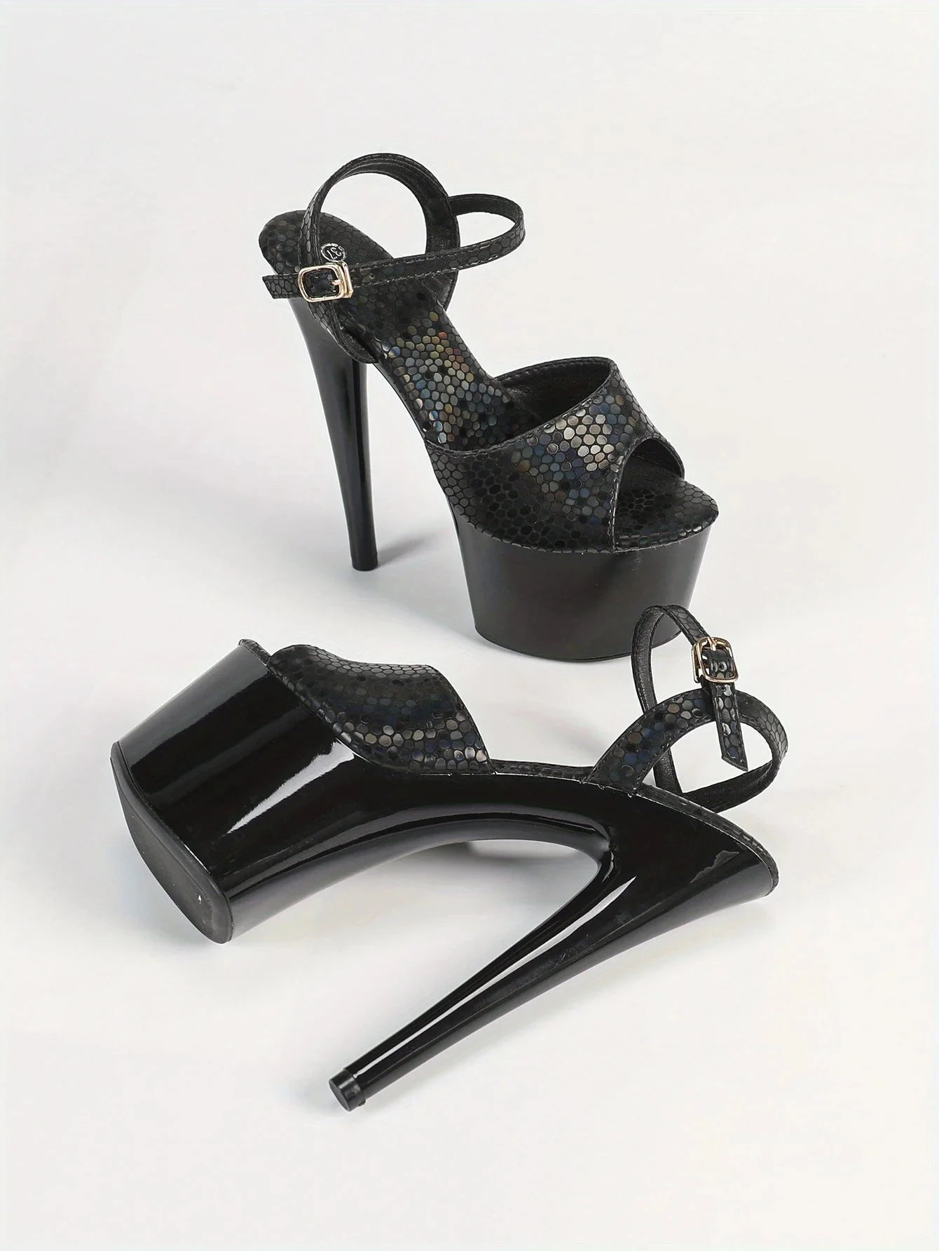 Black Waterproof Stiletto High Heels 6.69inch Platform Stone Pattern Ohberri