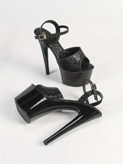 Black Waterproof Stiletto High Heels 6.69inch Platform Stone Pattern Ohberri