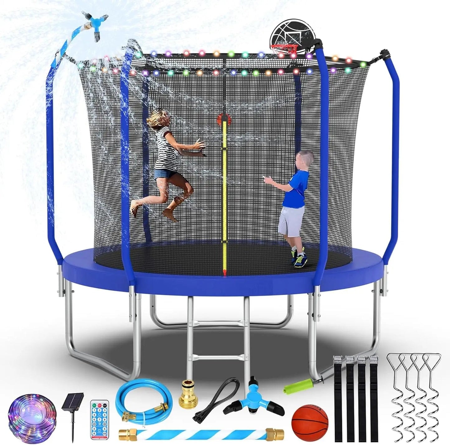Trampoline 14FT With Basketball Hoop, Light, Sprinkler, Stakes - Outdoor Ohberri
