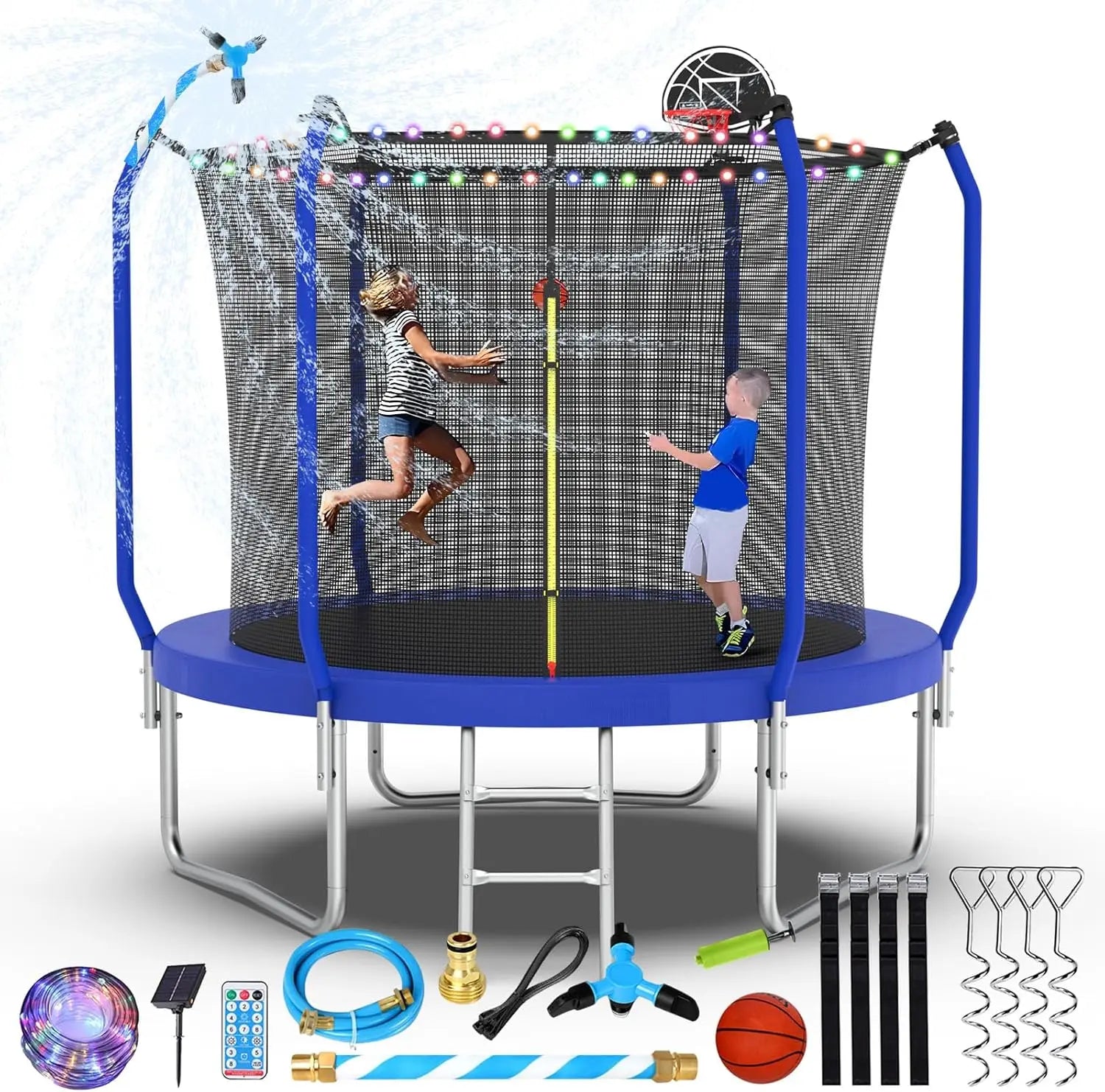 Trampoline 14FT With Basketball Hoop, Light, Sprinkler, Stakes - Outdoor Ohberri