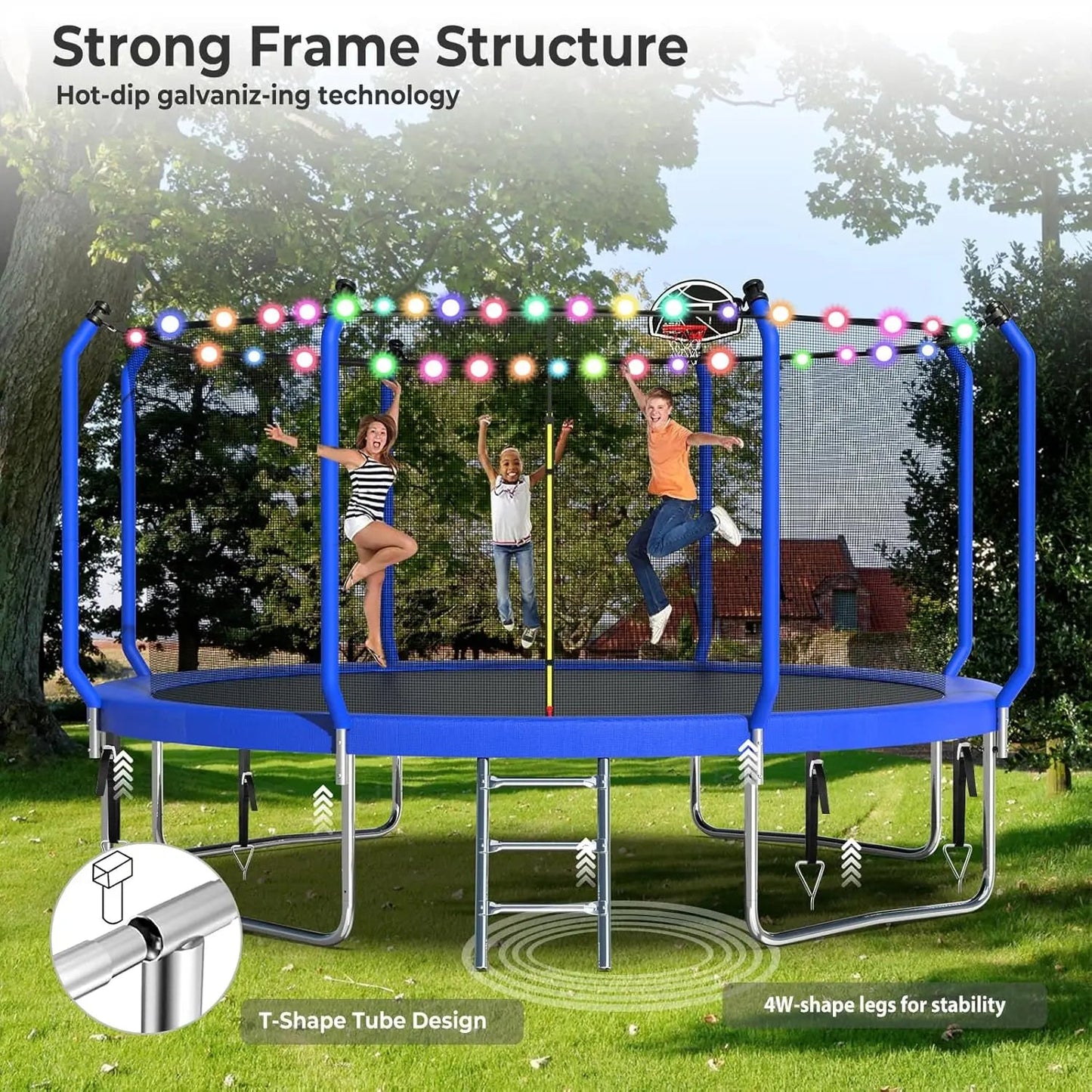 Trampoline 14FT With Basketball Hoop, Light, Sprinkler, Stakes - Outdoor Ohberri