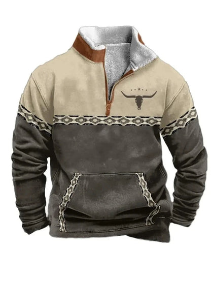 Vintage Western Hoodie with Aztec Cowboy Design - Beige Ohberri