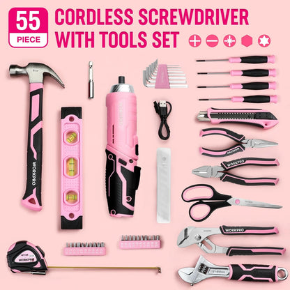WORKPRO 53-Piece Pink Tool set with Electric Cordless Screwdriver Ohberri