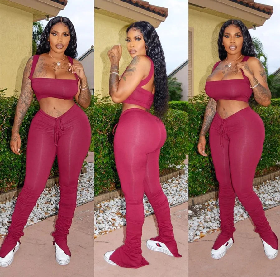 2 Piece Set Skinny Elastic Strapless Tops and Fold Slit Thin Pants Ohberri