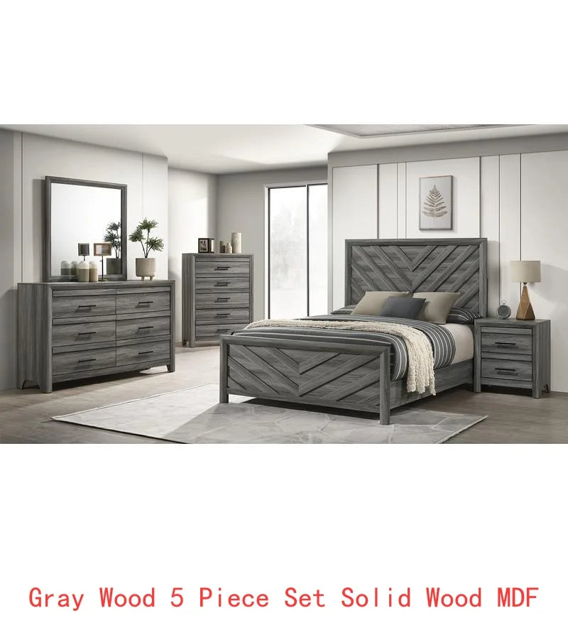Gray 5-Piece Full Bedroom Set Made of Wood, Modern Design - Ohberri