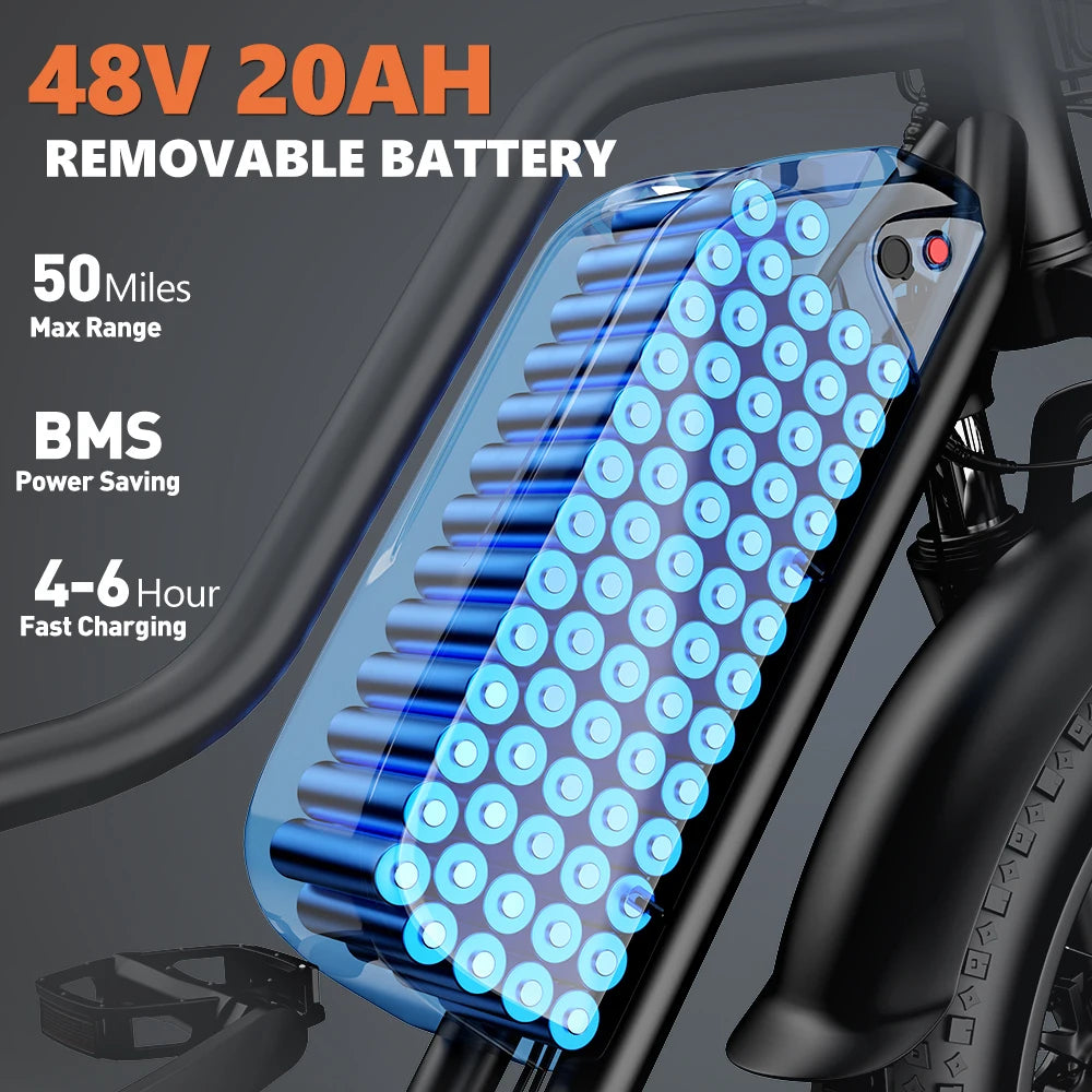 Electric Bike 20'' 1500W Up to 50 Miles 32MPH with 48V 20AH - Ohberri