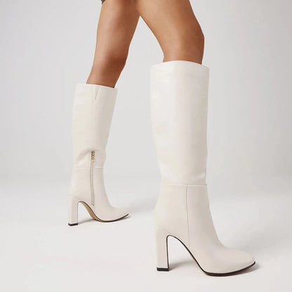 knee high thick high heels square toe boots Ohberri