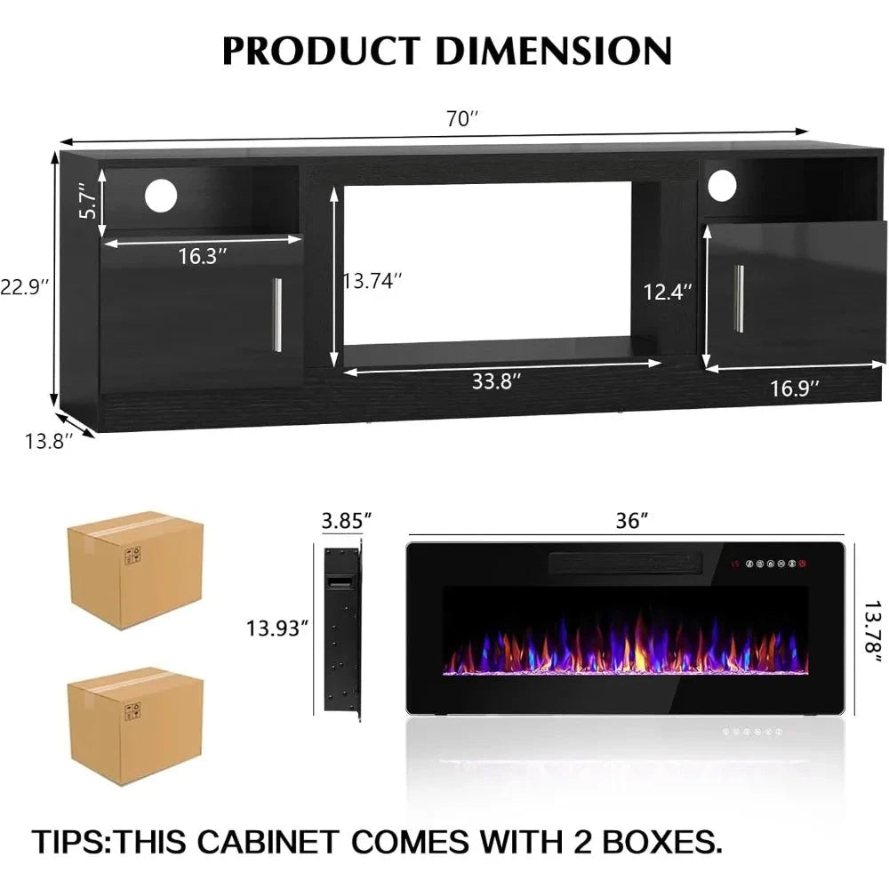 Fireplace tv Stand with 36 inch Fireplace Up to 80" TVs,LED Light 70" Modern Wood Ohberri
