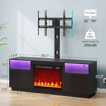 LED TV Stand w/Power Outlets & Electric Fireplace, Swivel TVs Stand Mount for 45/55/60/65 inch TVs, Height Adjustable Ohberri
