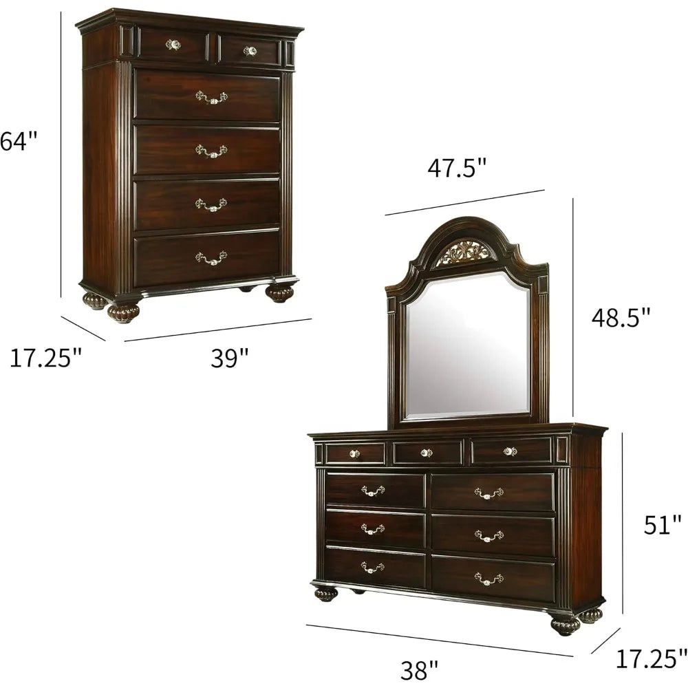 6-Piece Traditional Solid Wood Bedroom Set with Chest, Mirrored-Dresser and 2 Nightstands, Box Spring - Ohberri