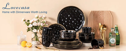 Black and Gold Dishes Sets, Stoneware Dinnerware Sets for 4, 16 Piece Plates and Bowls Sets Ohberri
