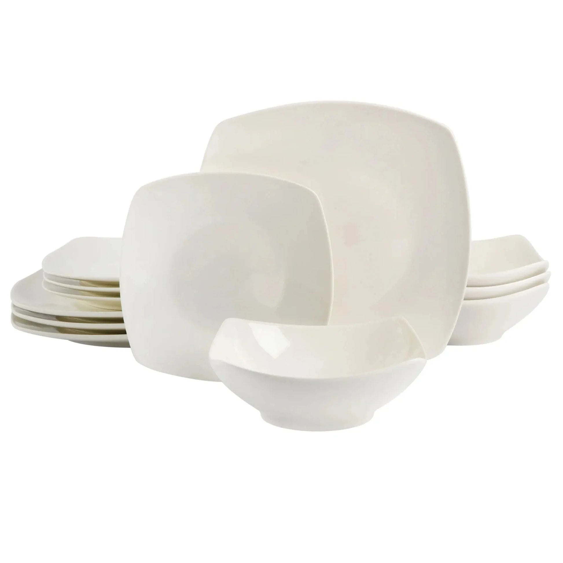 12-Piece White Square Dinnerware Set, Modern Stoneware Plates Bowls Ohberri