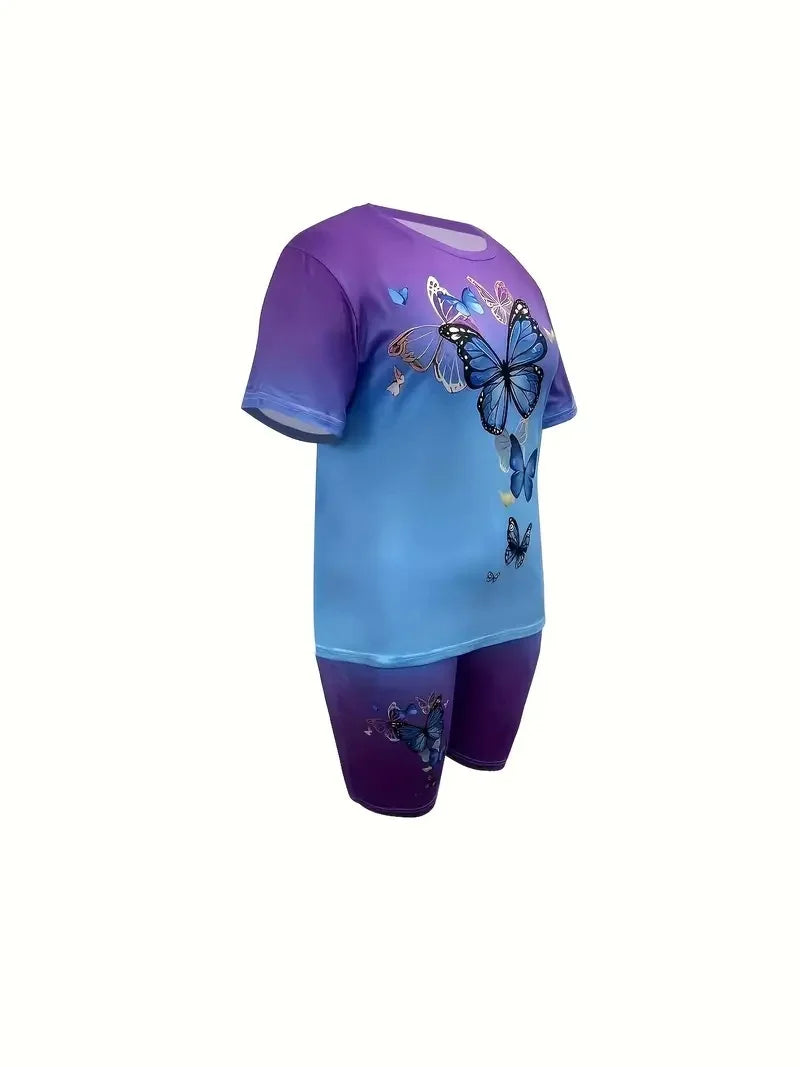 Women's Gradient Color Suit Butterfly Pattern Round Neck Short Sleeve Ohberri