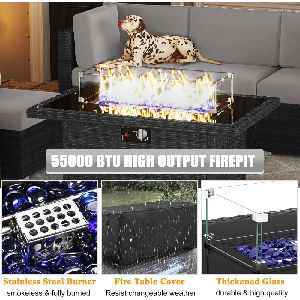 15 Piece Patio Furniture Set with Fire Pit Table, Outdoor Conversation Sets Wicker Rattan S Ohberri