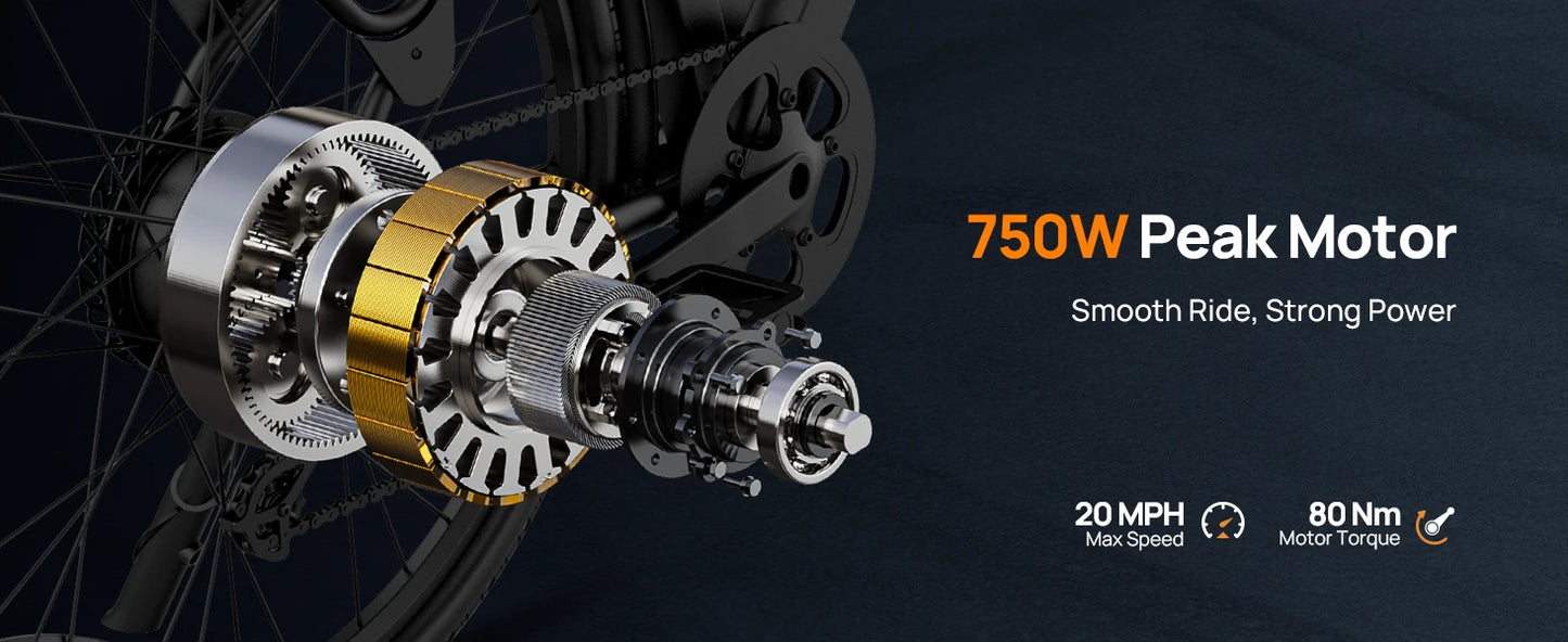 Peak 750W E26 Electric Bike 26x2" Commuter Tires 48V 10.4Ah 20MPH Speed 7-Speeds LCD Display - Ohberri