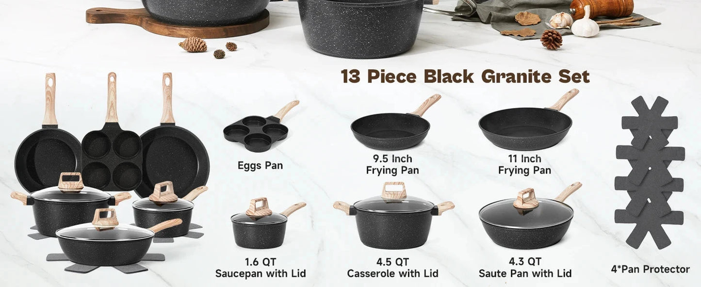 Pots and Pans Set, Nonstick Cookware Sets Black Granite Induction Ohberri