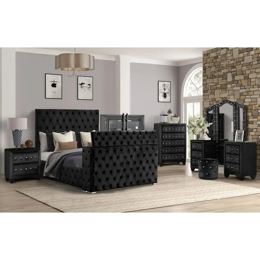 Modern Style Tufted Upholstered King 5PC Vanity Bedroom Set Wood in Black - Ohberri