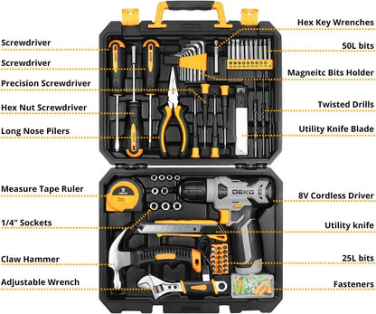DEKO 126 Piece Power Tool Combo Kits with 8V Cordless Drill, 10MM 3/8'' Ohberri